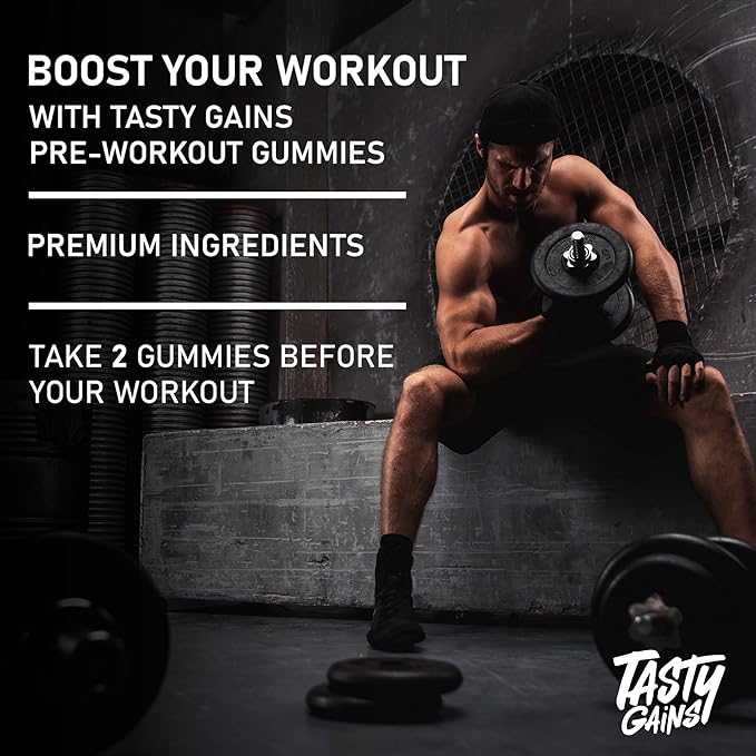 TASTY GAINS - Pre-Workout Gummies – Energy &amp Focus Boost Caffeine Gummies for Men &amp Women 200mg of Caffeine Fat-Burning Preworkout for Strength &amp Endurance (60 Pineapple Mango)