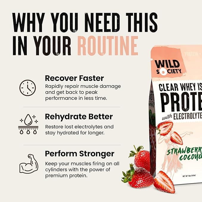 WILD SOCIETY - Clear Protein Powder + Electrolytes - 20g Clear Whey Protein Isolate Drink - Zero Sugar - 0g Lactose - Natural Flavors &amp Colors - Muscle Post Workout Recovery - Lemon Lime 16 oz