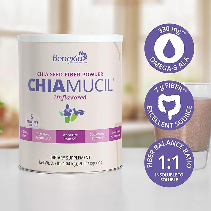 Chiamucil Prebiotic Chia Fiber Supplement Powder – For Appetite Control &amp Digestive Health – Chia Fiber &amp Chicory Root (Inulin) – Gluten &amp Sugar Free Vegan Non-GMO Unflavored - 100 serv
