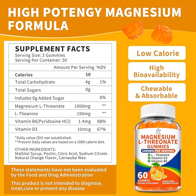 (2 Pack) Magnesium L-threonate Gummies 1000mg for Kids &amp Adults High Absorption Magnesium Threonate with L - Theanine Vitamin D3 &amp B6 for Muscle Nervous System Sugar-Free Orange Flavor