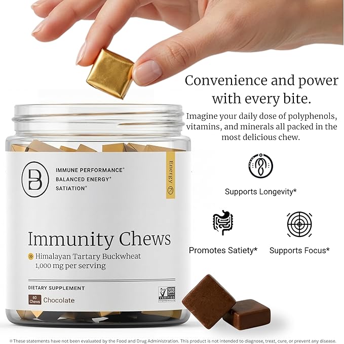 BIG BOLD HEALTH HTB Immunity Chews – Organic Himalayan Tartary Buckwheat Supplement to Support Natural Energy &amp Immune Function - Chocolate Flavor with Zinc Magnesium &amp Vitamins (60 Chews)