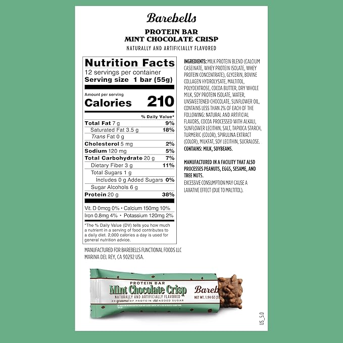 Barebells Mint Chocolate Crisp Protein Bar – 20g Protein – No Added Sugar – 12 x 55g High Protein Snack – Post Workout Snack
