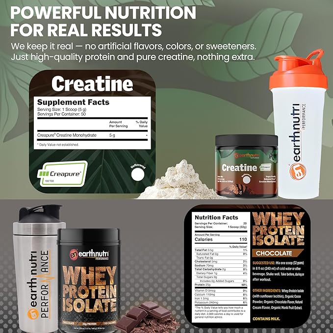 Whey Protein Isolate &amp Creatine Monohydrate Powder Bundle – Post Workout Drink for Strength Performance &amp Endurance – Non-GMO Gluten-Free Sugar-Free – 25g Protein Chocolate and Unflavored 2