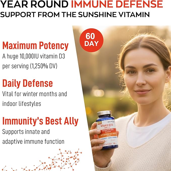 Max Strength D3 K2 Vitamin 10000IU MK7 Complex - 250mcg MK-7 Vitamin K2 D3 Supplement - Coloring Preservative Free Immune Support Bone Health Supplements VIT D K - 2 Month 60 One-a-Day Tablets