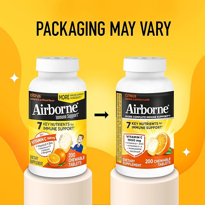 Airborne Citrus Chewable Tablets 200ct | Immune Support Supplement with 1000mg Vitamin C + Vitamins A D E ZincSelenium &amp Manganese | Herbal Blend | Gluten Free
