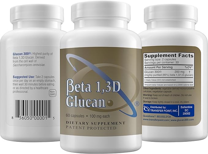 Transfer Point Yeast-Derived Beta 13D Glucan (13/16 B-Glucans) 200mg Minimum 85% Beta Glucan Content Non-GMO Vegetarian All-Natural Immune Support 60 Capsules