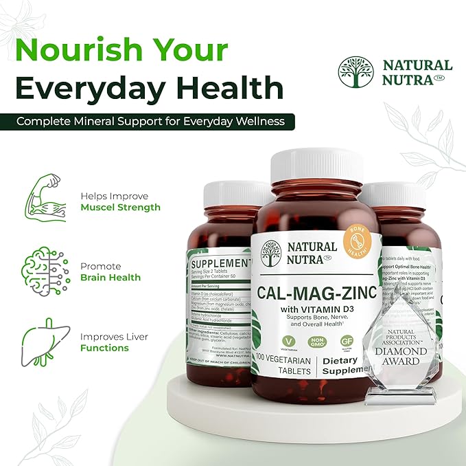 Natural Nutra Calcium Magnesium Zinc (Cal-Mag Zinc) Supplement with Vitamin D3 for Bone Strength Helps Improve Digestion Health Gluten Free and Sugar Free Essential Mineral Complex (100 Count)
