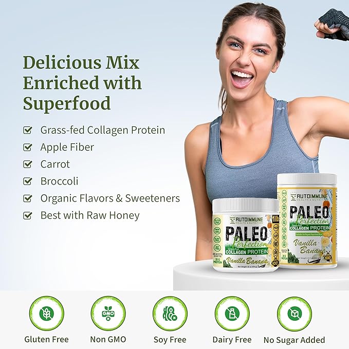 Paleo Perfection Double Chocolate Grass Fed Beef Collagen Protein Powder without Stevia - Paleo Keto SCD AIP Protein Powder w/ Apple Fiber Carrot Broccoli - 1lb Protein Powder &amp Superfood Ble