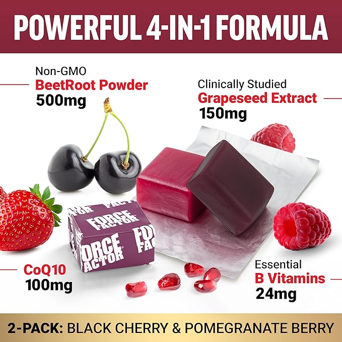 Bundle of Force Factor Total Beets Ultimate Heart Health Blood Pressure Support Chews with CoQ10 Beet Root Powder Grape Seed Extract Blood Pressure Supplement for Circulation &amp Blood Flow 120