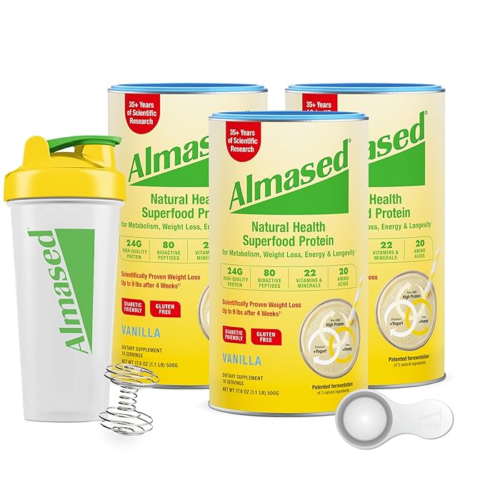 Almased Protein Powder GLP-1 Nutrition Support Supplement Meal Replacement Shake for Weight Loss high protein complete nutrition (Vanilla Flavor 3 Cans @ 17.6 oz ea + scoop + 700ml Shaker Bottle