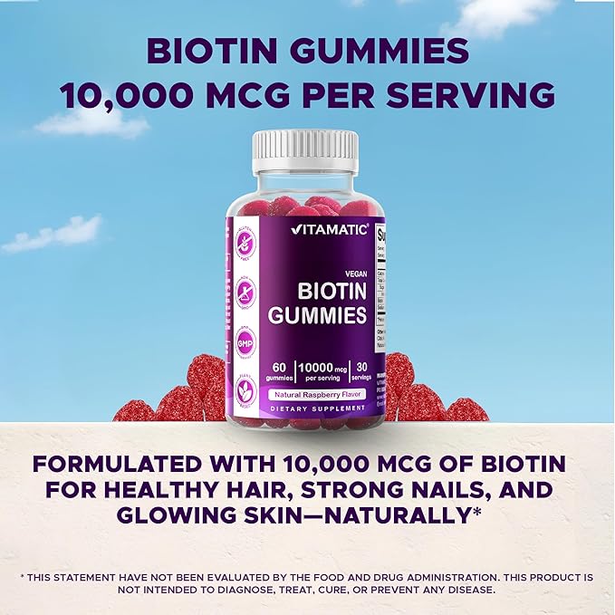 Vitamatic Biotin Gummies 10000 mcg for Stronger Hair Skin &amp Nails - 60 Vegan Gummies - Also Called Vitamin B7 (6 Bottles)