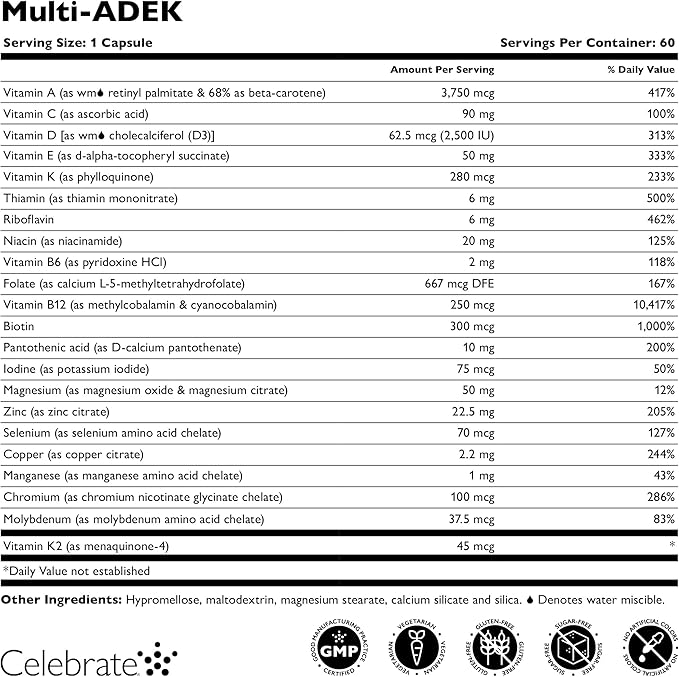 Celebrate Vitamins Multi ADEK Iron Free – Daily Bariatric Multivitamin High Level of Vitamins A D E K &amp B12 for Duodenal Switch Surgery Patients (180 Capsules)