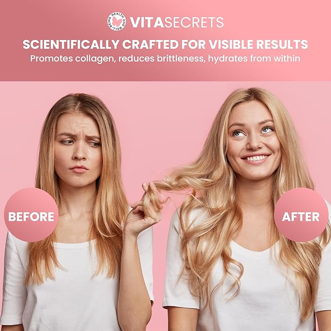 Vitasecrets Hair Skin &amp Nails Super Blend – 90 Capsules with Biotin Collagen and Hyaluronic Acid for Healthy Hair Glowing Skin and Stronger Nails – Non-GMO Gluten-Free Made in The USA