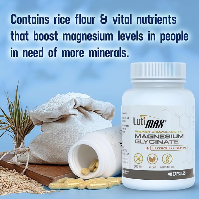 Lutimax Magnesium Glycinate 500mg w/Premium Luteolin &amp Rutin Blend - 100mg Elemental Magnesium for Stress Calm Relaxation &amp Sleep Support - Vegan Non-GMO Gluten Free &amp Made in USA -