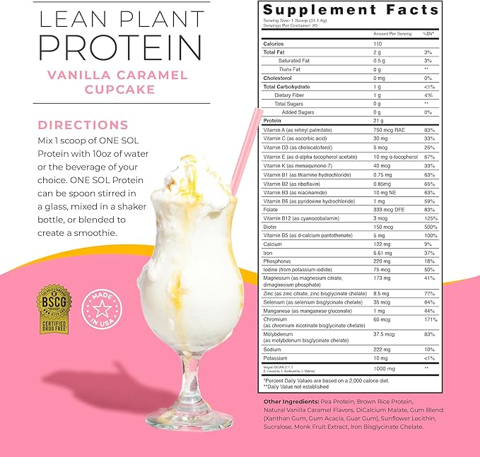 One Sol Lean Plant Protein Powder Pea &amp Brown Rice Protein Low Carb Vegan Friendly - Gluten Lactose &amp Soy Free - No Added Sugar Non-GMO Clean Nutrition No Bloating (Vanilla Caramel Cup