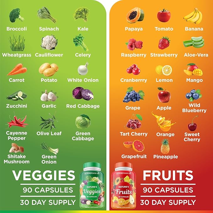 Superfood 180 Fruit and 180 Veggie Capsules - Whole Food Natural Superfoods - Maintain Energy Levels with Beta Carotene - Soy Free (90 Count (Pack of 4)