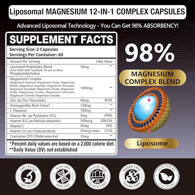 21 in 1 Liposomal 1400mg Magnesium Complex (Citrate Glycinate Malate etc) Capsule - 12 Active Types Magnesium with Vitamin D3 B6 B12 C Ashwagandha &amp CoQ10 for Women &amp Men - Support Bone