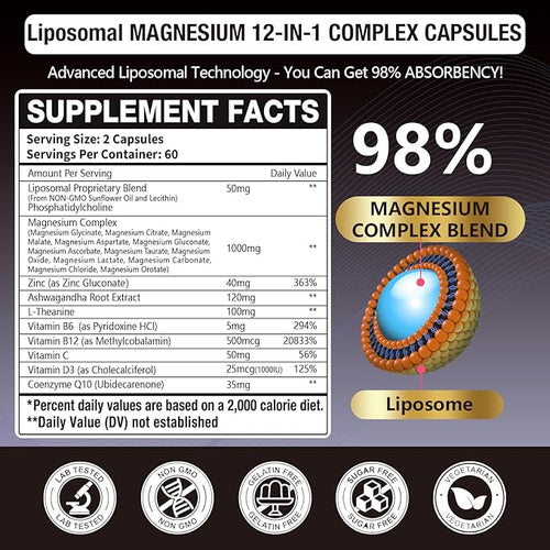 21 in 1 Liposomal 1400mg Magnesium Complex (Citrate Glycinate Malate etc) Capsule - 12 Active Types Magnesium with Vitamin D3 B6 B12 C Ashwagandha &amp CoQ10 for Women &amp Men - Support Bone