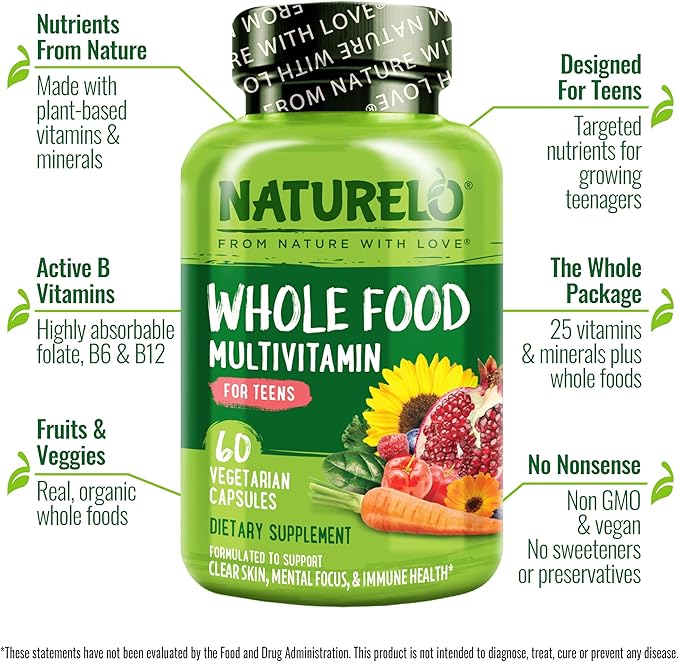 NATURELO Teen Multivitamin - 60 Capsules and Chewable Vitamin for Kids - 60 Tablets Bundle