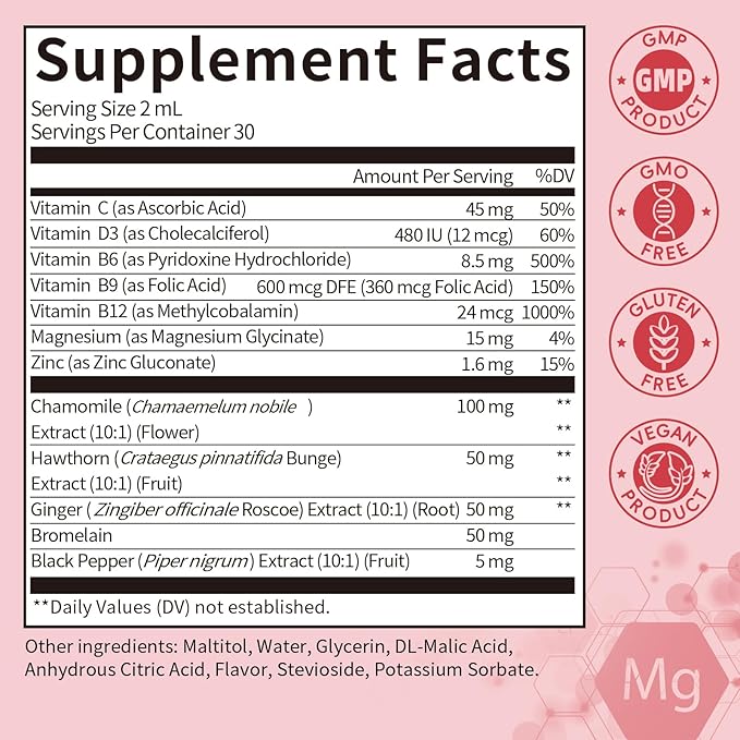 Magnesium Glycinate Liquid with Chamomile Hawthorn &amp Ginger for Stress Relief and Digestive Comfort Fast Absorption Non-GMO Vegan Formula Sugar Free Strawberry Flavor 2 Fl OZ