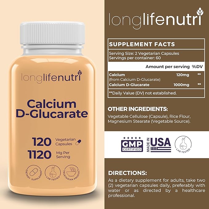 Calcium D-Glucarate - 120 Vegetarian Capsules 2-Month Supply 1120mg per Serving for Detox Support &amp Internal Balance Non-GMO Gluten Free Made in USA GMP Certified