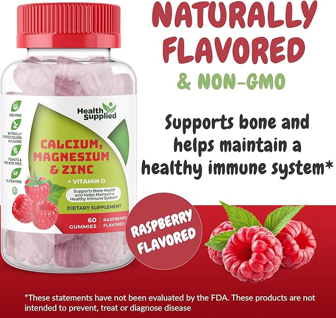 Calcium Magnesium &amp Zinc + Vitamin D Gummies | Bone Health Immune Health Energy and Muscle Function | Daily Dietary Vitamin Supplement | for Adults Teens | Fruity Raspberry Flavor