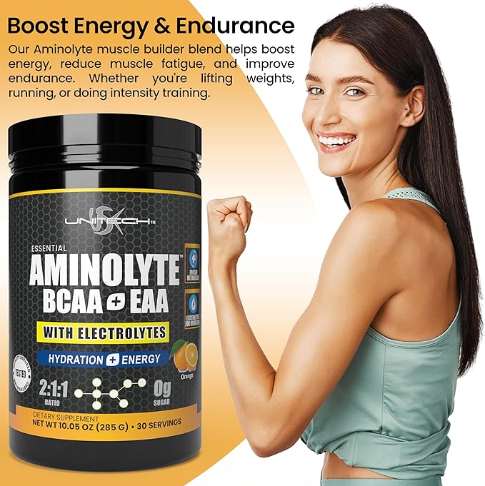 USK Unitech AminoLyte BCAA + EAA &amp Electrolytes Powder | Rich with Essential Amino Acids | Muscle Recovery &amp Hydration | Endurance &amp Performance Support | Dietary Supplement | Orange Flavo