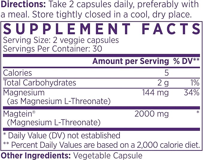 NAOMI Magnesium L-Threonate with 2000mg Patented Magtein® High Absorption Elemental Magnesium Memory Supplement - Brain Health Focus Nerve Support Heart Health Natural Sleep Aid 60 Veggie Caps