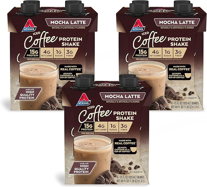 Atkins Strawberry Protein Shake 15g Protein Low Glycemic 2g Net Carb &amp Mocha Latte Iced Coffee Protein Shake 15g Protein Low Glycemic 4g Net Carb 1g Sugar Keto Friendly