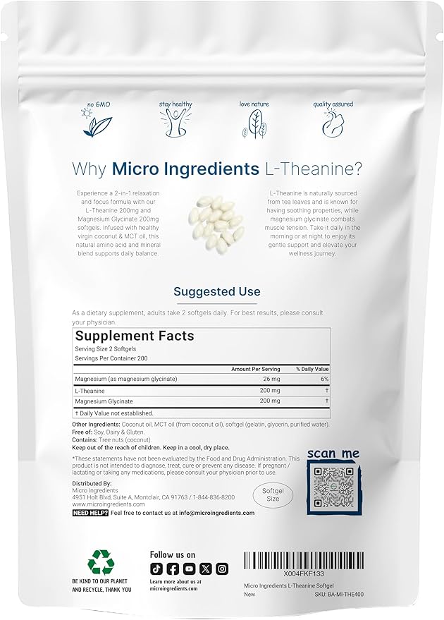 Micro Ingredients Vitamin D3 5000iu + K2 100mcg Softgels &amp L-Theanine 200mg with Magnesium Glycinate Bundle 2 Pack | Essential Sunshine Vitamins | Amino Acid &amp Mineral Complex