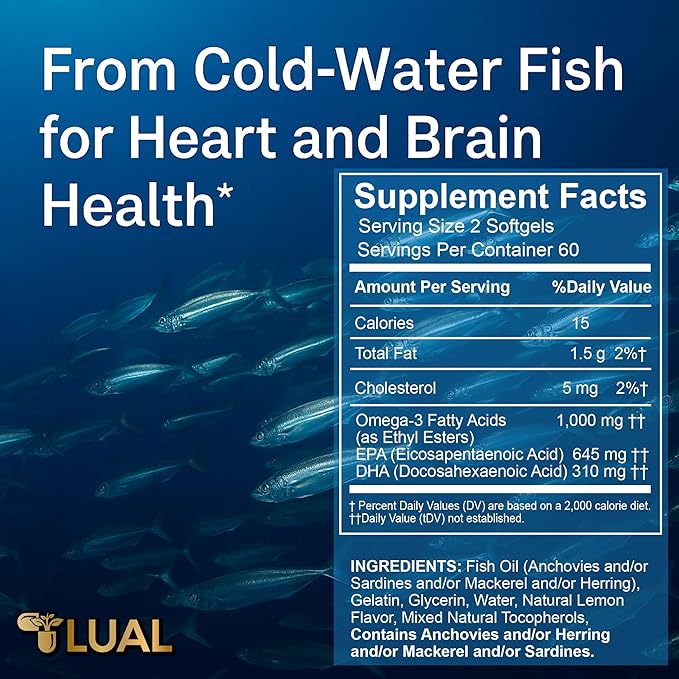 Omega-3 Mini from Fish Oil 1000mg Softgels. Small Burpless Capsules with EPA &amp DHA Lemon Flavor Non-GMO 120 Count