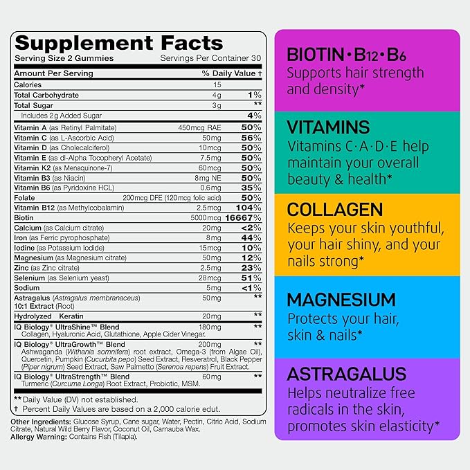 Biotin Gummies for Hair Skin and Nails - Hair Growth Vitamins for Women &amp Men - Hair Loss Gummy Supplement with Extra Strength Biotin (Vitamin B7) Collagen Keratin &amp DHT Blocker - 60 Chewab