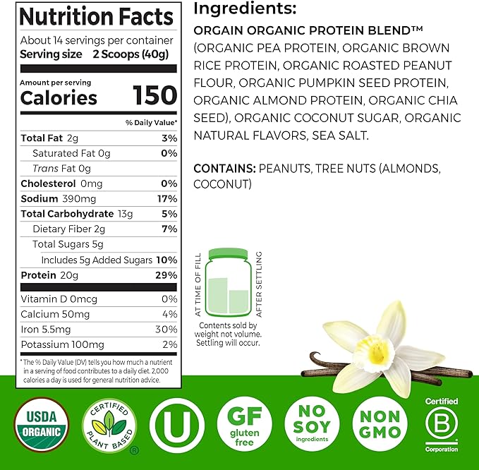 Orgain Organic Simple Vegan Protein Powder Vanilla - 20g Plant Based Protein Made with less Ingredients No Artificial Sweeteners Gluten Free No Dairy or Lactose 1.25 lb (Packaging May Vary)