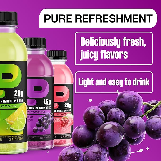 Protein2o Hydration Drink - 2-in-1 Liquid Clear Whey Protein Isolate and Electrolyte Drink - 15g Protein Vitamins B5 B6 - Post-Workout Recovery - 16.9 Fl Oz - 12 Count Grape