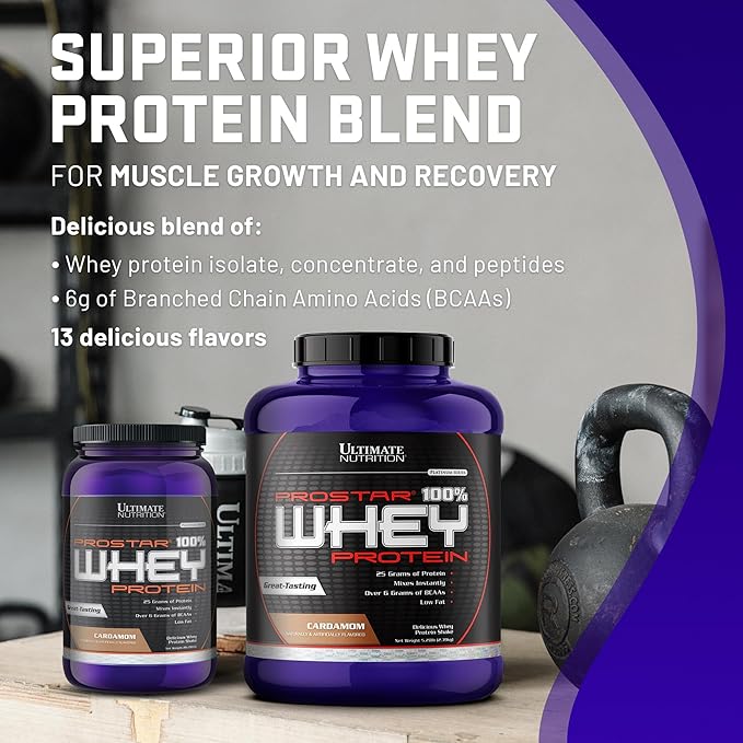 Ultimate Nutrition Prostar Whey Protein Powder Isolate Cardamon - Low Carb High Protein Powder Shake for Muscle Gain &amp Recovery - Low Sodium Low-Fat &amp Keto Friendly - 2 lbs Tub