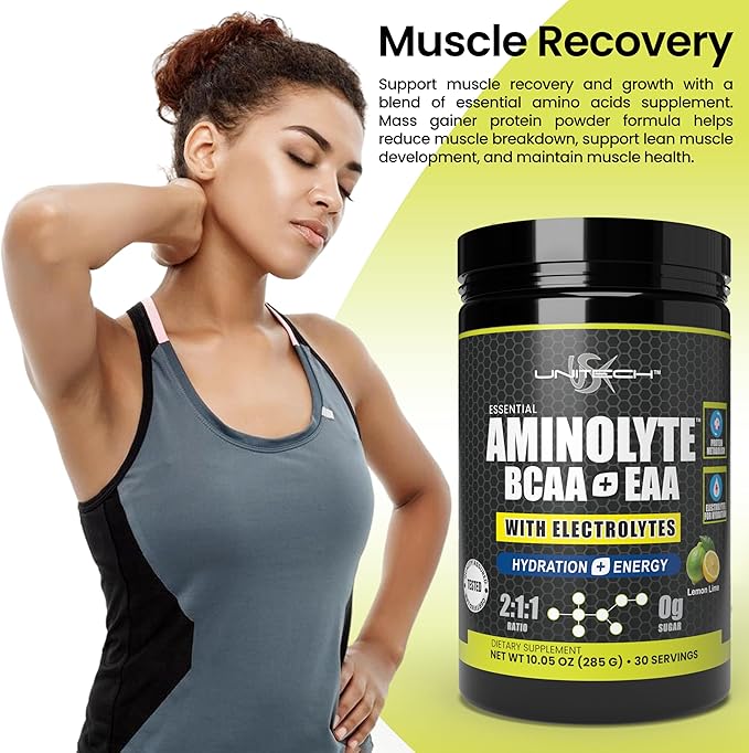 USK Unitech AminoLyte BCAA + EAA &amp Electrolytes Powder | Rich with Essential Amino Acids | Muscle Recovery &amp Hydration | Endurance &amp Performance Support | Dietary Supplement | Lemon Lime F