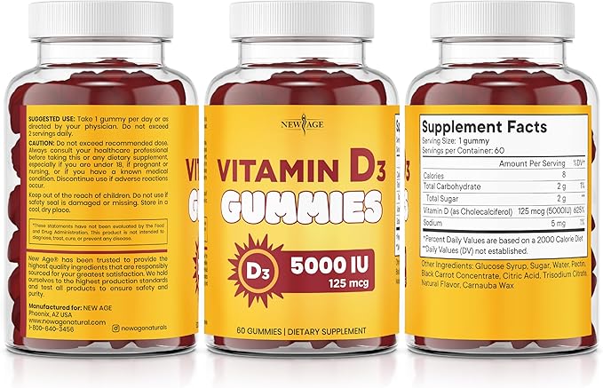 NEW AGE Vitamin D3 5000 IU 125mcg Gummies - Immune Supplement - Non-GMO Gluten-Free Dairy-Free No Gelatin (60 Gummies (Pack of 1))