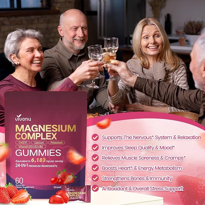24-in-1 Magnesium Gummies 6183mg Magnesium Complex for Women and Men &amp Kids with Magnesiums Glycinate Citrate Malate Vitamin D3 K2 CoQ10 Zinc Potassium Sleep Heart Support Strawberry 3 Ba