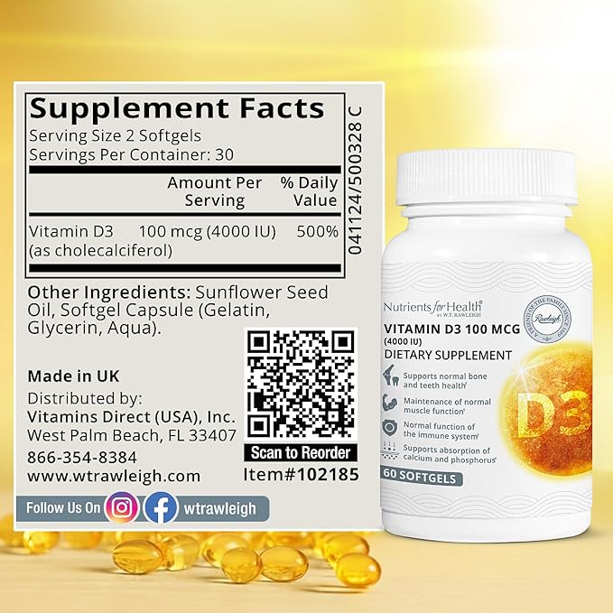 Rawleigh Vitamin D3 50 MCG: 60 Softgels 30 Days Supply. High Strength Cholecalciferol 4000iu (100μg). Immune Healthy Teeth Supports Calcium Absorption Bones &amp Muscles. Gluten-Free GMO-Free