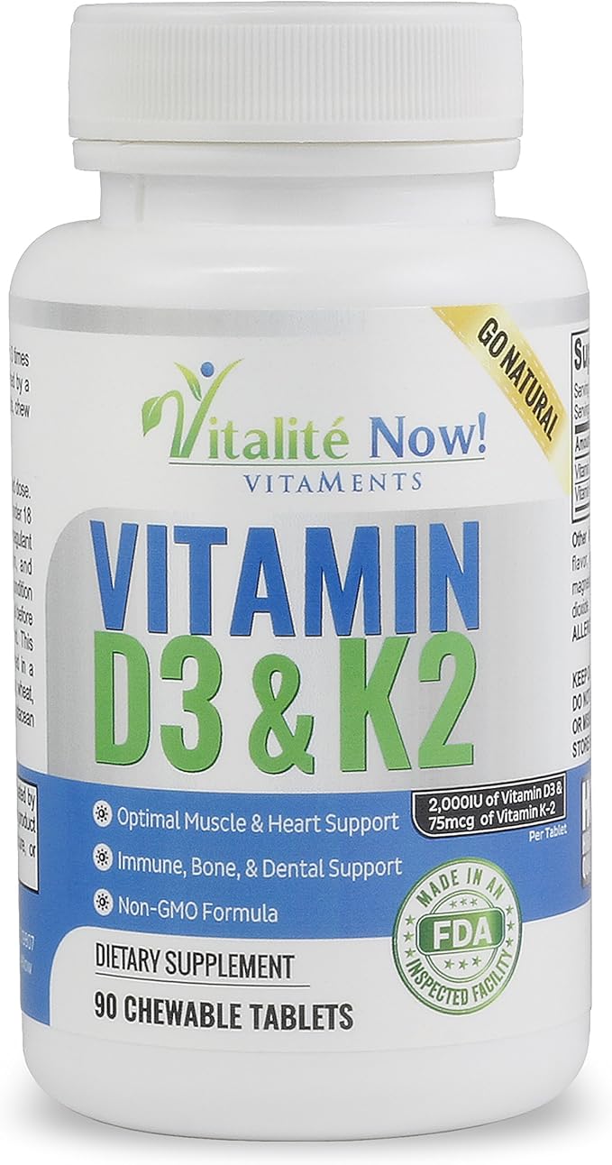 Best Vitamin D3 2000 IU + K2 - Optimized Absorption in Best Form MK7 for Lung Health Strong Bones &amp Healthy Heart - All Natural - Cherry Flavor - 90 Chewable Tablets - 3 Month Supply!