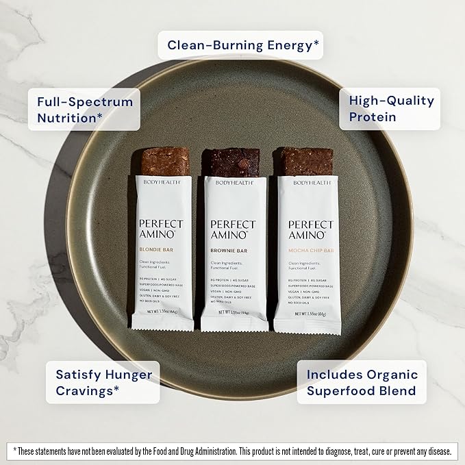 BodyHealth PerfectAmino Bar – Protein Energy Snack with 10g Protein Plant-Based MCTs Superfood Blend Non-GMO Gluten Dairy &amp Soy Free (Brownie 12 Pack)