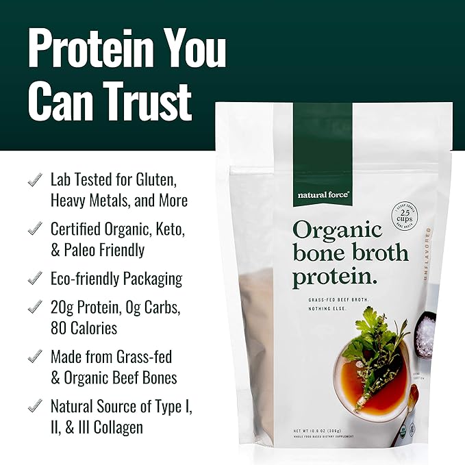 Natural Force Whey Protein Powder – Chocolate 1 LB Pure Organic Bone Broth Protein Powder Unflavored 10.8 oz