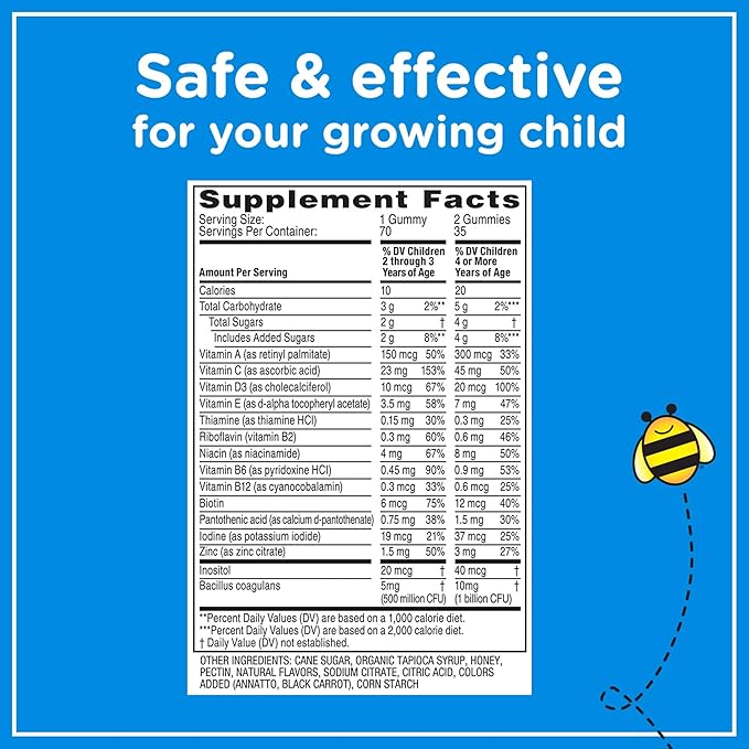 Zarbee's Kid's Complete Multivitamin + Probiotic Gummies with Vitamins A B C D E &amp zinc for Digestive Health Easy to Chew Kids Daily Multivitamin Gummies Natural Fruit70 Count (Pack of 2)