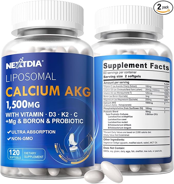 2 Pack Liposomal Calcium AKG Supplement 1500mg with Vitamin D3 &amp K2 for Women &amp Men Calcium Supplement with Magnesium Glycinate Boron Probiotics &amp Vitamin C for Bone Strength &amp Ener