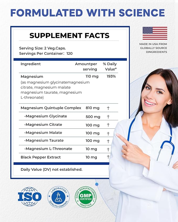 Five-Form Magnesium Complex 820mg High Absorption with GlycinateCitrate MalateTaurate &amp L-Threonate for Sleep Mood Muscle Relaxation &amp Nerve Function – Vegan Non-GMO Made in USA – 240 C