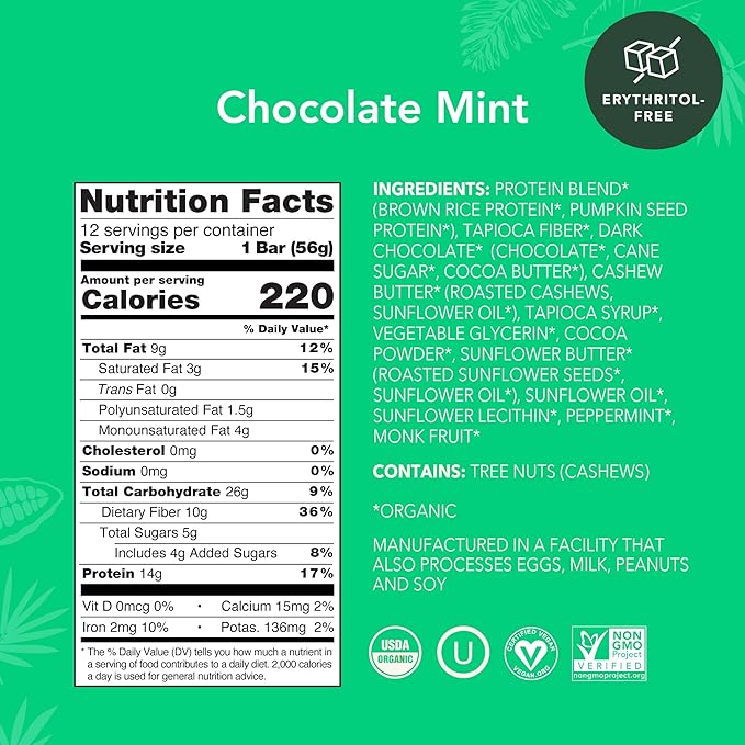 ALOHA Organic Plant Based Protein Bars Chocolate Mint 1.98 Oz (Pack of 12)