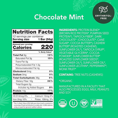 ALOHA Organic Plant Based Protein Bars Chocolate Mint 1.98 Oz (Pack of 12)