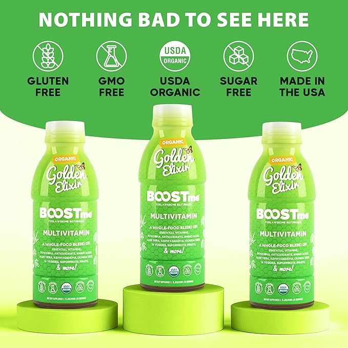 BoostMe Golden Elixir Liquid Multivitamin - Daily Vitamins Superfood with Antioxidant Blend &amp Balanced Wellness Formula Liquid - Plant-Based Immune Support Supplement for Everyday Balance &amp He