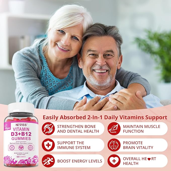 NEVISS 2Pack Vegan Vitamin D3 + Vitamin B12 Gummies High Potency D3 5000IU &amp 1000 mcg Methylated B12 Vitamin D3 and B12 for Adults Support Bone Health Immune &amp Energy Supplement 120 Count
