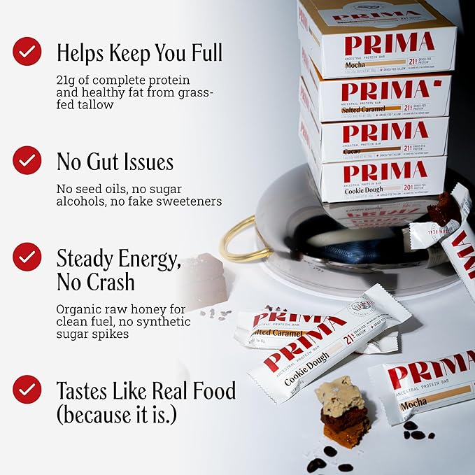 PRIMA ANCESTRAL PROTEIN BAR Grass Fed Protein Bars - 21G Protein – Animal-Based Protein Bar with Beef Tallow Raw Honey Seed Oil Free Low Carb Gluten-Free – Mocha - 7 Pack